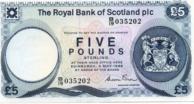 Royal Bank of Scotland £5 Five  Pound Note.Dated 3rd May 1982