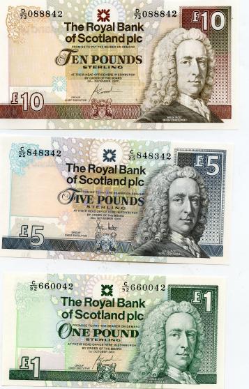 Uncirculated Set of 3 Royal Bank of Scotland Banknotes