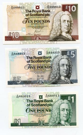Uncirculated Set of 3 Royal Bank of Scotland Banknotes