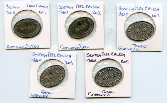 Set of 5 Scottish Free Church Communion Tokens 1843