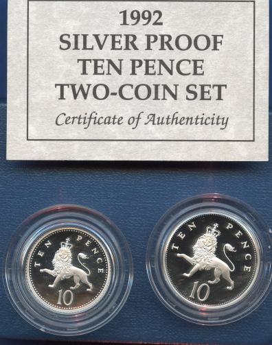 1992 UK  Silver Proof Ten Pence Two Coin Set