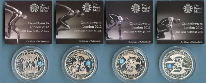 UK 2009-2012 Silver Proof Piedfort £5 4 Crown Olympic Countdown Set