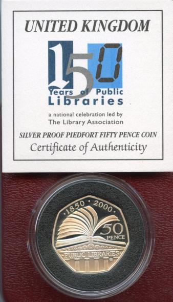 UK 2000 Royal Mint Silver Proof Piedfort 50p 150th Anniversary of Public Libraries Commemorative Coin