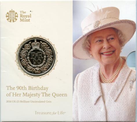 2016  UK Royal Mint Brilliant Uncirculated Queens 90th Birthday  £5 Coin