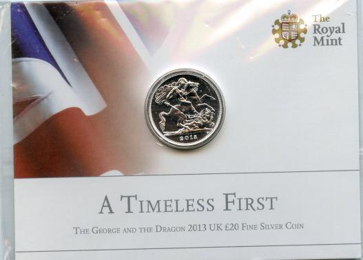 UK 2013 George & Dragon  £20 Uncirculated  Silver Coin