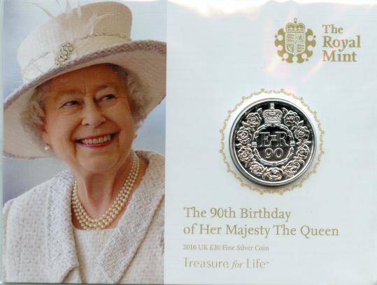 UK 2016 The Queen's 90th Birthday  £20 Uncirculated  Silver Coin