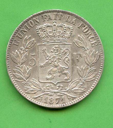 Belgium 1871  Silver 5 Francs Coin