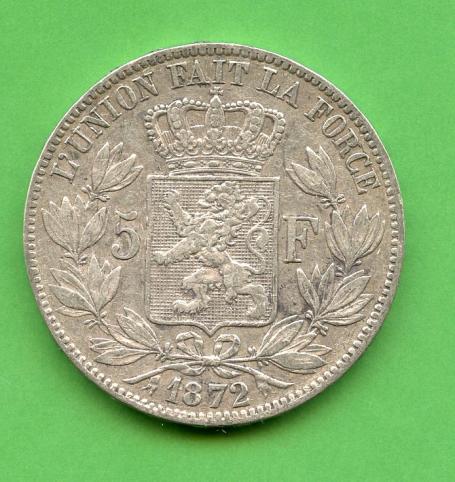 Belgium 1872 5 Francs Coin