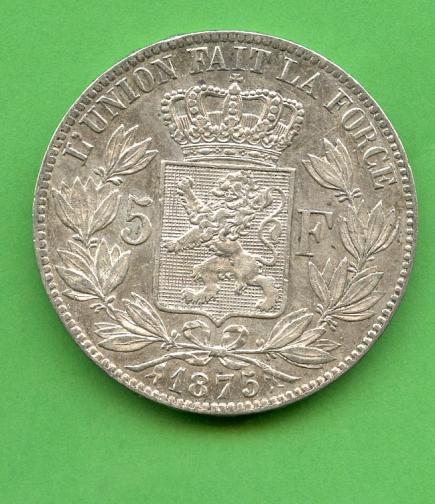 Belgium 1875 5 Francs Coin