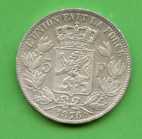 Belgium 1876 5 Francs Coin