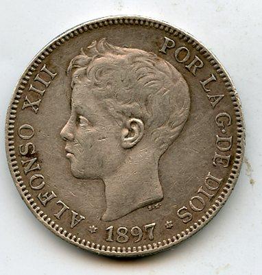 Spain 1897 5 Pesetas Coin