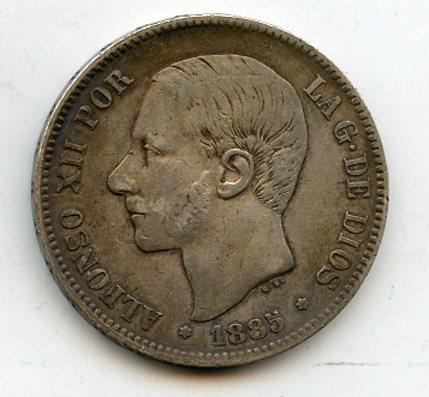 Spain 1885 5 Pesetas Coin