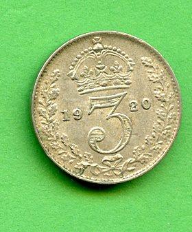 U.K. 1920  Three Pence Coin