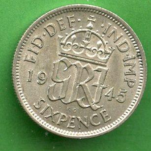 U.K. 1945 Sixpence Coin