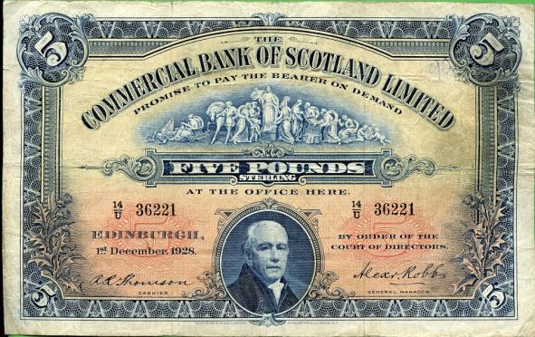 The Commercial Bank of Scotland £5 Five Pound Banknote Dated 1st December 1928