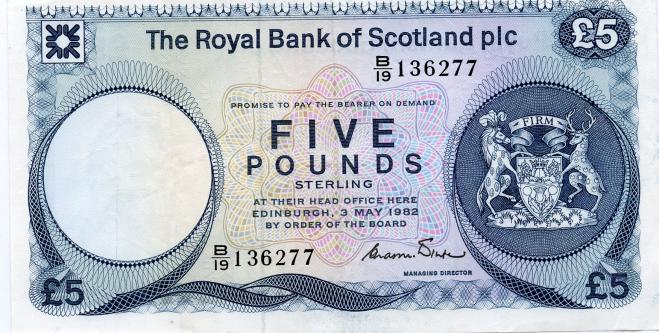 Royal Bank of Scotland £5 Five  Pound Note.Dated 3rd May 1982