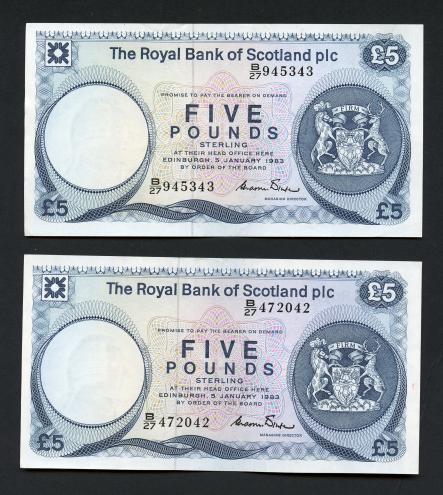 Pair of Royal Bank of Scotland £5 Five  Pounds Notes.Dated 5th January 1983