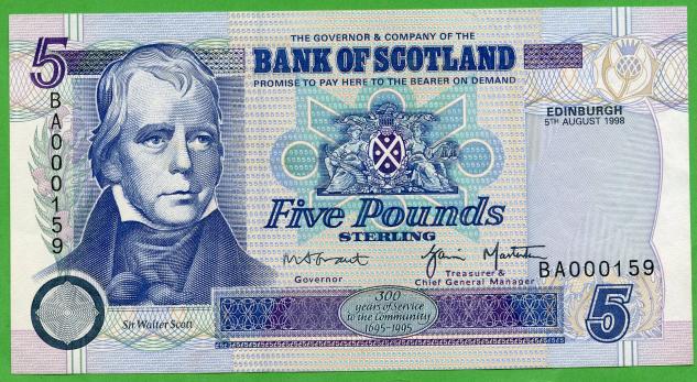 Bank of Scotland £5  Five Pounds Banknote Dated 5th August 1998