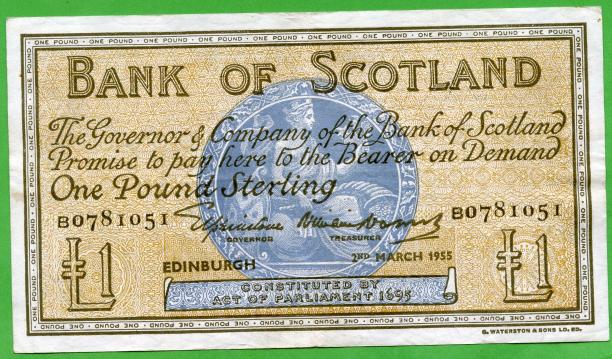 Bank of Scotland £1 One  Pound Note Dated 2nd March 1955