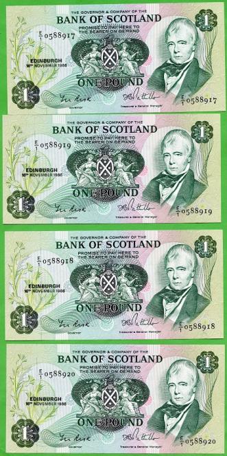 Set of 4 Bank of Scotland £1 One  Pound Notes Dated 18th November 1986