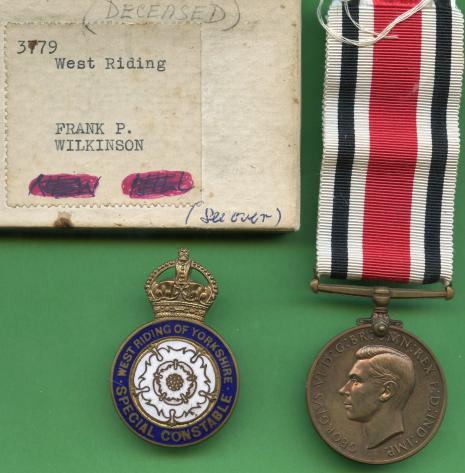 Special Constabulary Medal To Frank. P. Wilkinson with West Riding of Yorkshire Special Constable Badge