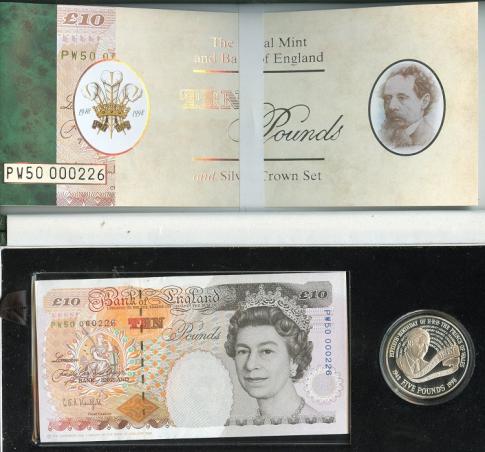The Royal Mint and Bank of England 1998  Prince Charles The Prince of Wales  £10 Pound Banknote & 1998  Silver Proof  £5 Crown & Note Set