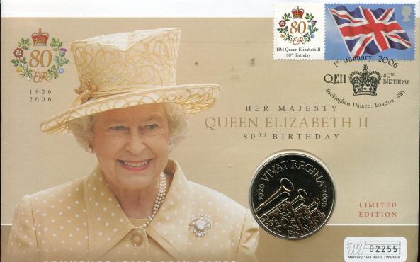 UK 2006 Elizabeth ii Eightieth Birthday Uncirculated £5 Coin with First Day Cover