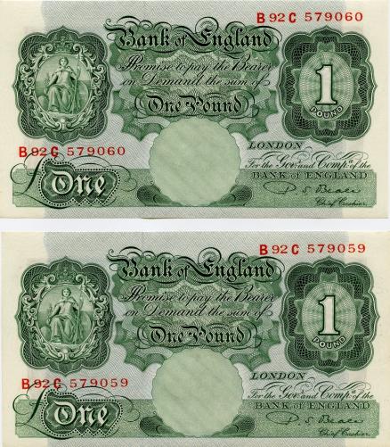 Bank of England Pair of consecutive  Beale Uncirculated £1 One Pound Banknotes 1950