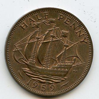 UK Queen Elizabeth II  Halfpenny Coin 1959