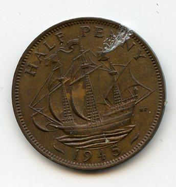 UK  George VI  Halfpenny Coin 1945