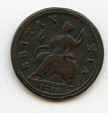 UK  George I Halfpenny Coin 1718