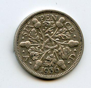 U.K. 1936 Sixpence Coin