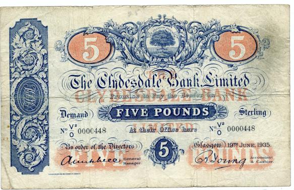 The Clydesdale Bank Ltd £5 Five Pound Banknote Dated 19th June 1935