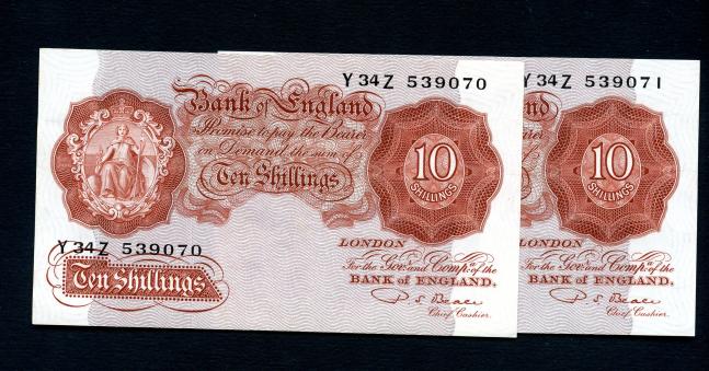 Bank of England Pair of Consecutive  Beale Uncirculated £1 Ten Shillings Banknotes 1950