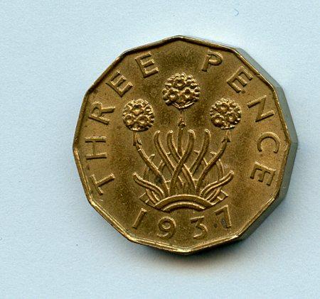 U.K. 1937 George VI Brass Three Pence Coin