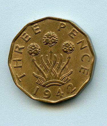U.K. 1942 George VI Brass Three Pence Coin