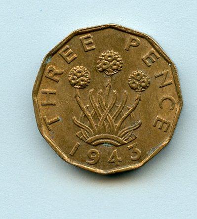 U.K. 1943 George VI Brass Three Pence Coin