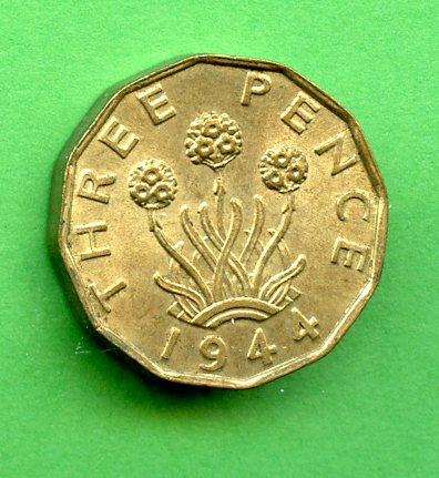 U.K. 1944 George VI Brass Three Pence Coin