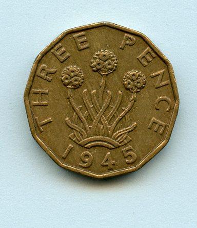 U.K. 1945 George VI Brass Three Pence Coin