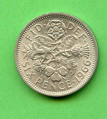 U.K. 1966 Queen Elizabeth II Sixpence Pence Coin