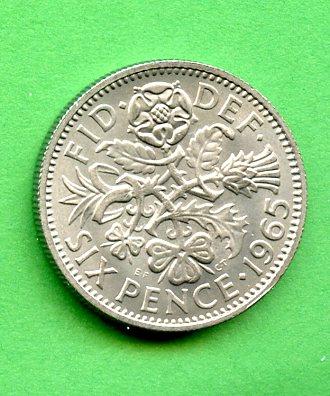 U.K. 1965 Queen Elizabeth II Sixpence Pence Coin