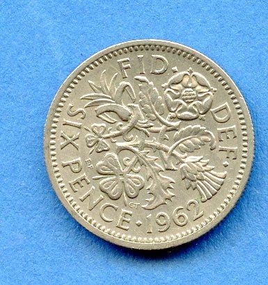 U.K. 1962 Queen Elizabeth II Sixpence Pence Coin