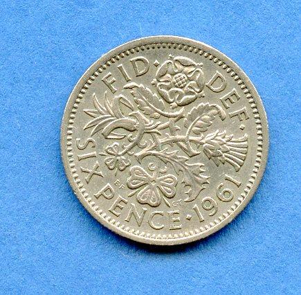 U.K. 1961 Queen Elizabeth II Sixpence Pence Coin