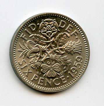 U.K. 1959 Queen Elizabeth II Sixpence Pence Coin