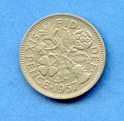 U.K. 1957 Queen Elizabeth II Sixpence Pence Coin