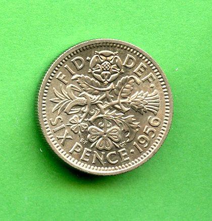 U.K. 1956 Queen Elizabeth II Sixpence Pence Coin