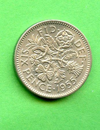 U.K. 1955 Queen Elizabeth II Sixpence Pence Coin