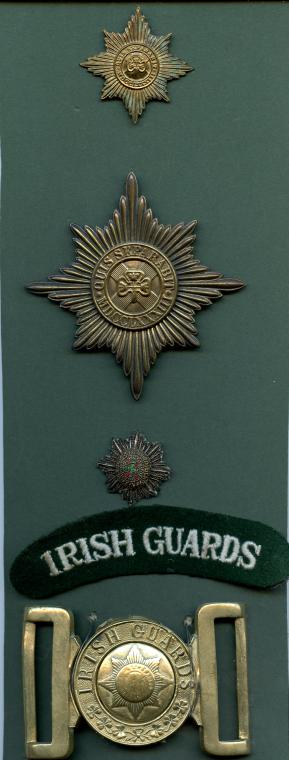 Irish Guards Militaria Belt Buckle, Pouch & Cap Badge, Cloth Shoulder Title & Officers Rank Pip