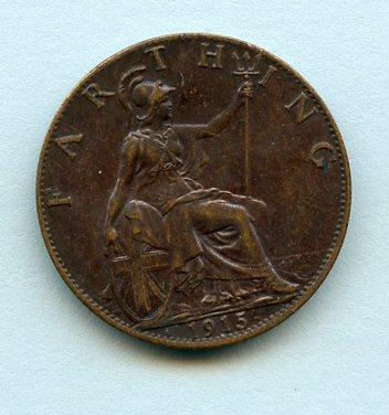 UK  George V Farthing Coin Dated 1915