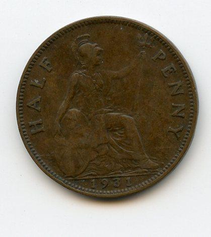 UK  George V Halfpenny Coin Dated 1931